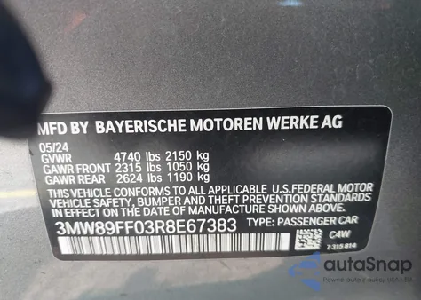 2024 BMW 3 Series 330I xDrive из США, поврежденный, VIN 3MW89FF03R8E67383